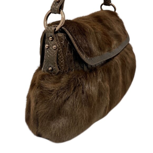 FENDI Vintage Logo Chef Mink Faux Fur Shoulder Bag Handbag Python Brown [106352] - Picture 7 of 12